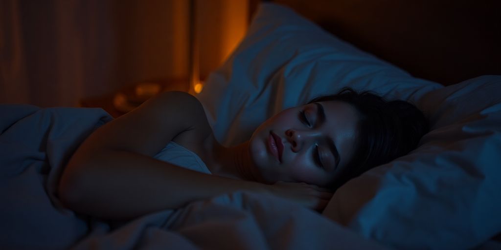 Person sleeping peacefully in bed, soft light.