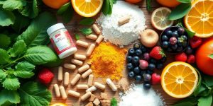 Herbal supplements and fresh produce for diabetes.