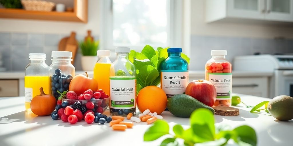 Natural supplements and healthy food on a kitchen counter.