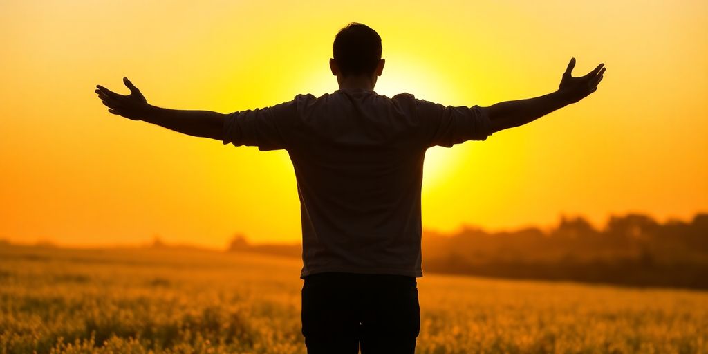 Sunrise, person stretching, vibrant energy.