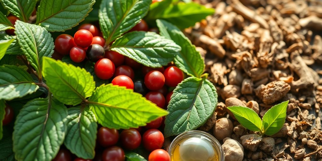 Green leaves, berries, and traditional herbal remedies.