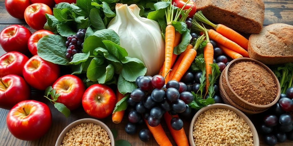 Colorful fruits, vegetables, and whole grains on a wooden table.