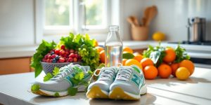Colorful fresh produce, water bottle, running shoes, healthy foods.
