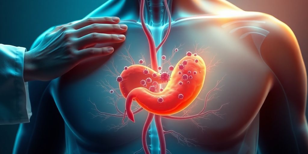 Translucent torso revealing pancreas with immune cells and caring hand