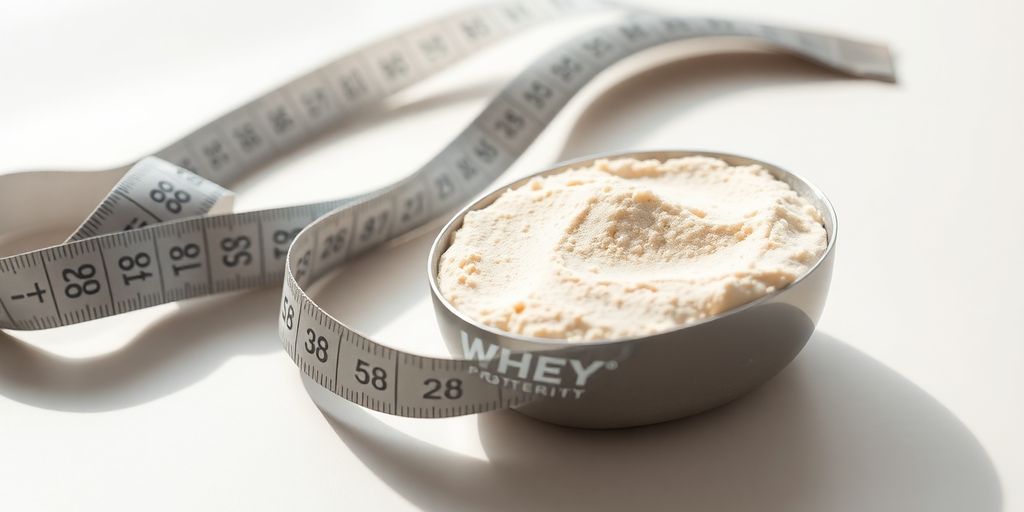 Whey protein powder next to a measuring tape.