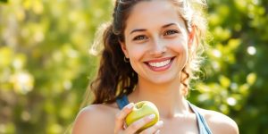 Woman smiling, holding apple, enjoying healthy lifestyle.