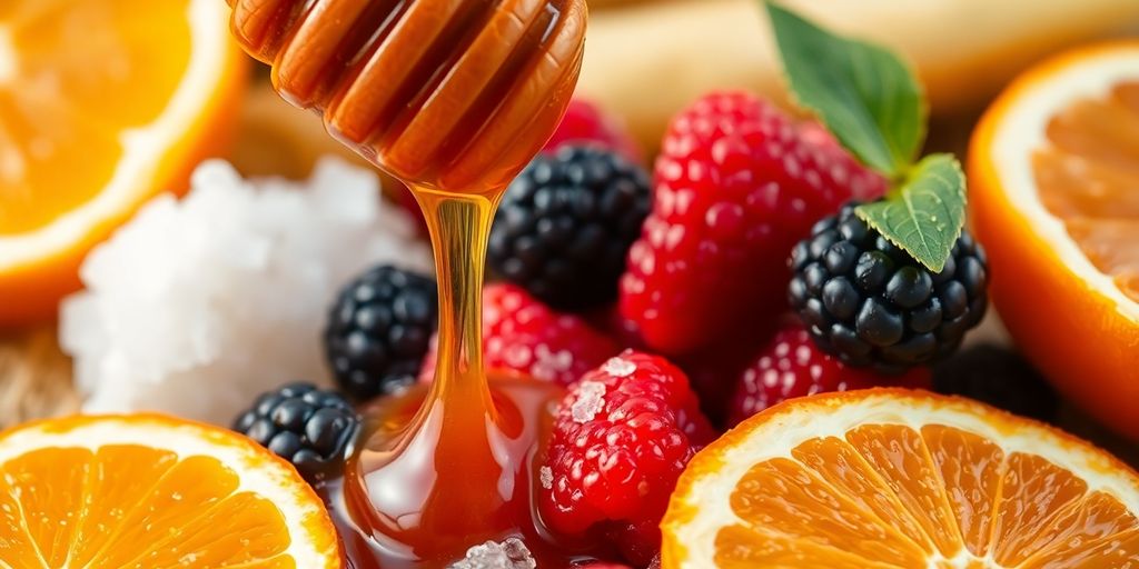 Sugar cubes, fruit, and healthy snacks.