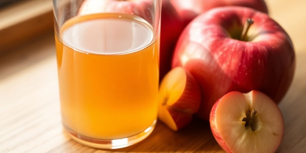 Apple cider vinegar bottle with apples and a glass.