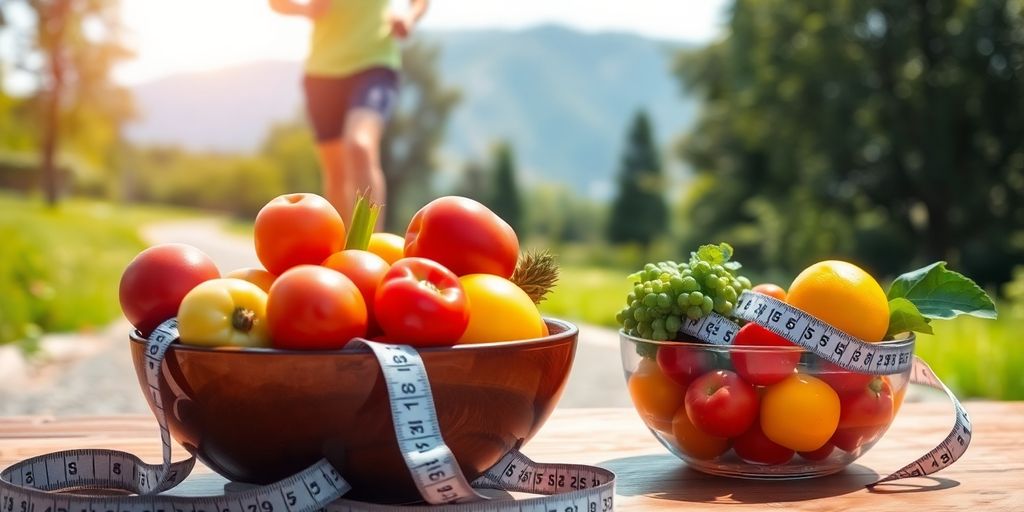 Person exercising, healthy food, measuring tape.