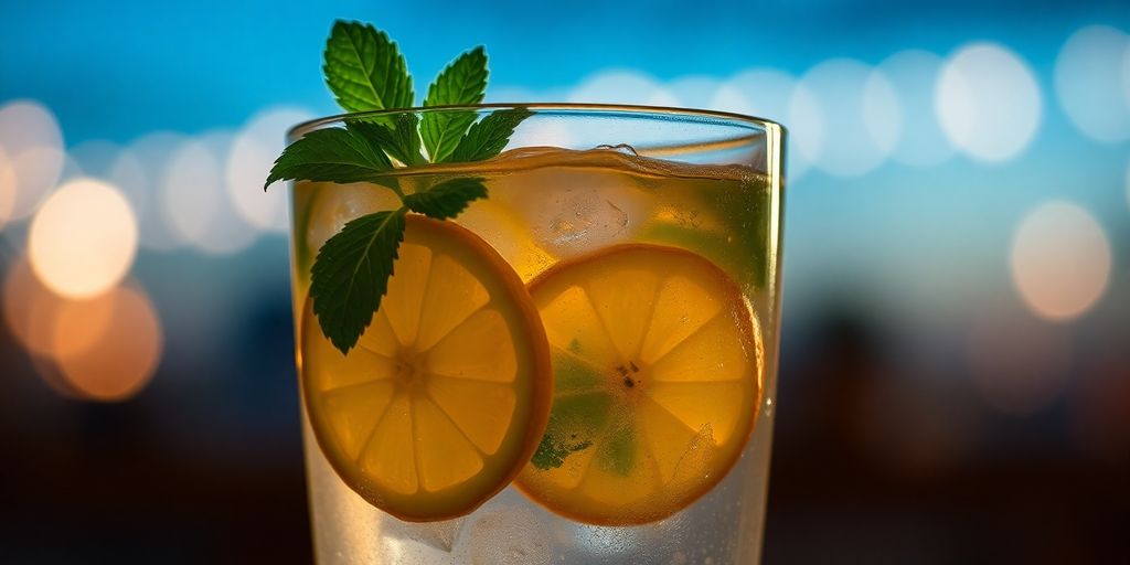 Glass of natural weight loss drink with lemon and mint.